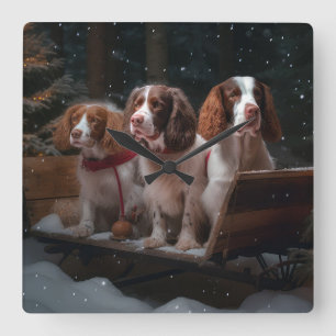 Brittany Spaniel Snowy Sleigh Christmas Decor Square Wall Clock