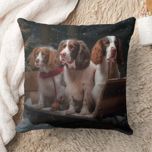 Brittany Spaniel Snowy Sleigh Christmas Decor  Throw Pillow (Blanket)