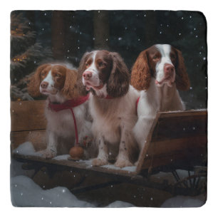 Brittany Spaniel Snowy Sleigh Christmas Decor Trivet