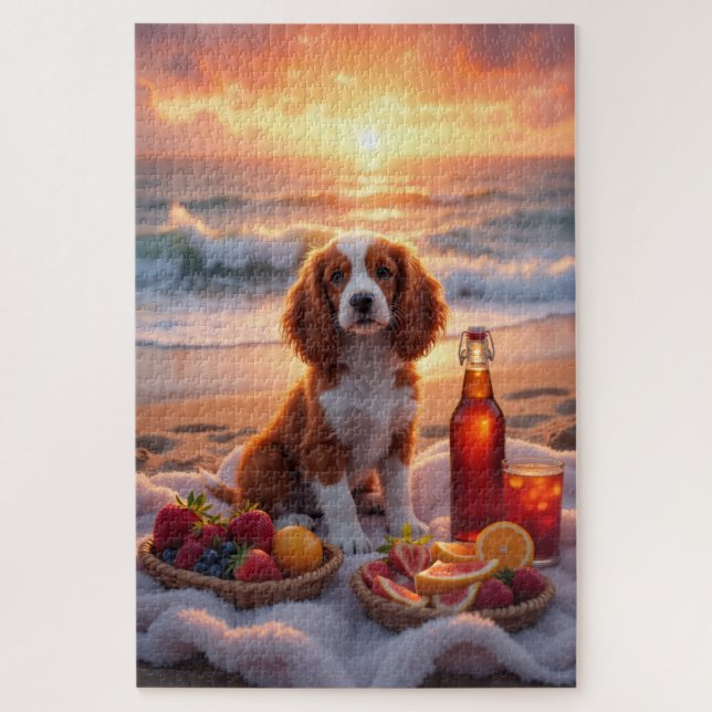 Brittany Spaniel Sunset Beach Picnic Jigsaw Puzzle (Vertical)