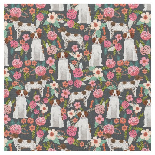 Brittany Spaniel vintage florals dark Fabric