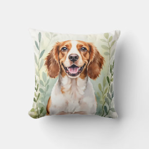 Brittany Spaniel Watercolor Leaf Pattern Art Throw Pillow