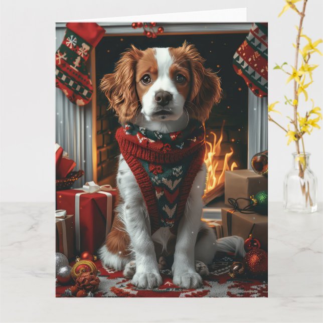 Brittany Spaniel with Christmas Gifts Fireplace  Card (Yellow Flower)