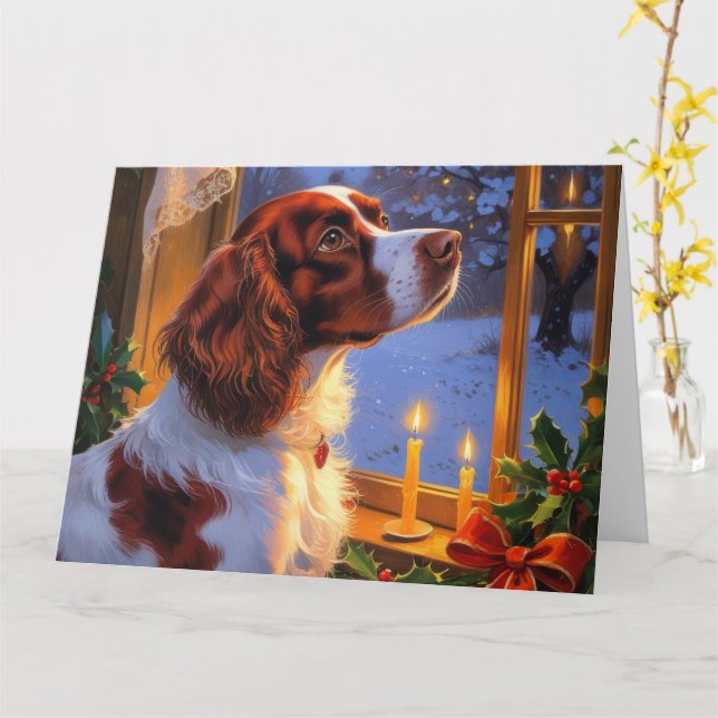 Brittany Spaniel with Christmas Lights Holiday  Card (Yellow Flower)