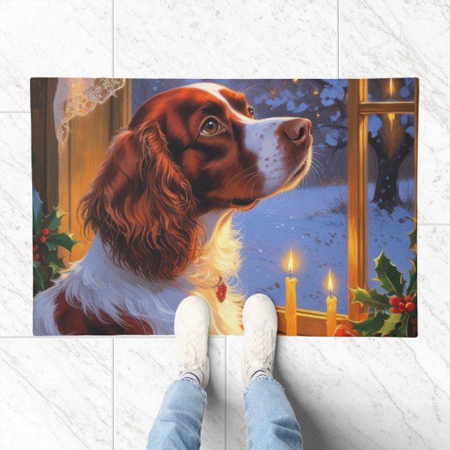 Brittany Spaniel with Christmas Lights Holiday  Doormat (Indoor)