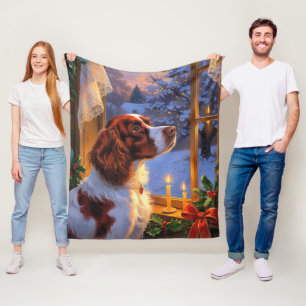 Brittany Spaniel with Christmas Lights Holiday Fleece Blanket