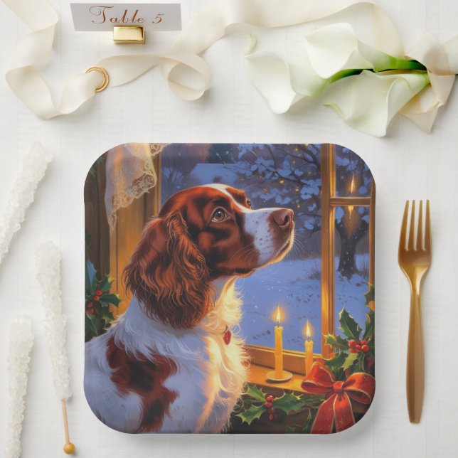 Brittany Spaniel with Christmas Lights Holiday  Paper Plates (Wedding)