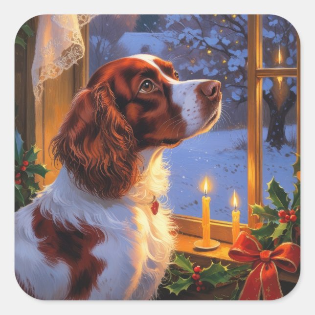 Brittany Spaniel with Christmas Lights Holiday  Square Sticker (Front)