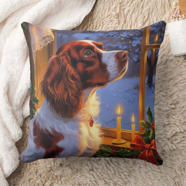 Brittany Spaniel with Christmas Lights Holiday  Throw Pillow (Blanket)