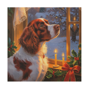 Brittany Spaniel with Christmas Lights Holiday Wood Wall Art