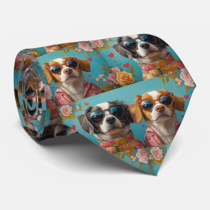 Brittany Spaniel With Heart Roses Valentine's Day Neck Tie