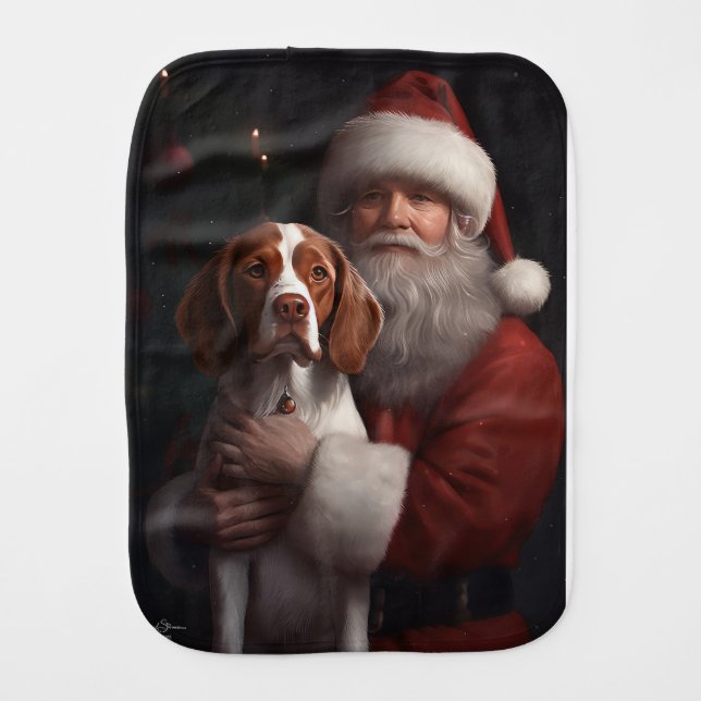 Brittany Spaniel With Santa Claus Christmas Baby Burp Cloth (Front)