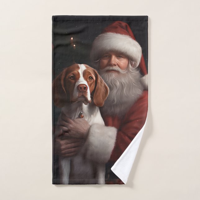 Brittany Spaniel With Santa Claus Christmas Bath Towel Set (Hand Towel)