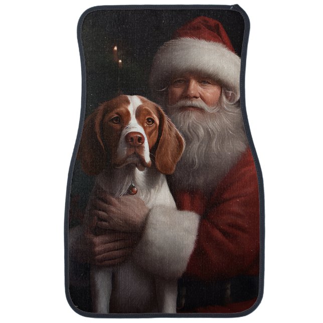 Brittany Spaniel With Santa Claus Christmas Car Floor Mat (Front)