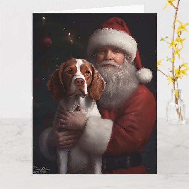Brittany Spaniel With Santa Claus Christmas Card (Yellow Flower)
