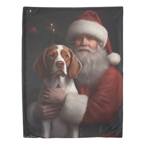 Brittany Spaniel With Santa Claus Christmas Duvet Cover