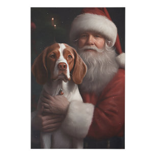 Brittany Spaniel With Santa Claus Christmas Faux Canvas Print