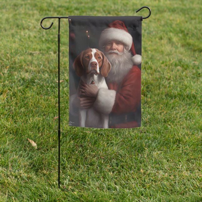 Brittany Spaniel With Santa Claus Christmas Garden Flag (In SItu)