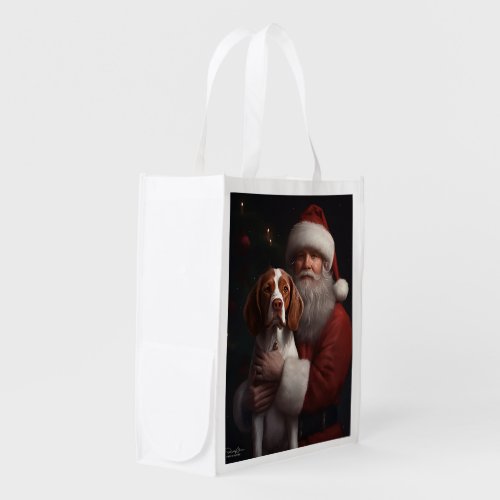 Brittany Spaniel With Santa Claus Christmas Grocery Bag