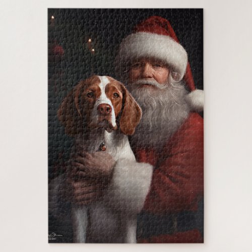 Brittany Spaniel With Santa Claus Christmas Jigsaw Puzzle