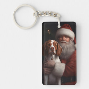 Brittany Spaniel With Santa Claus Christmas Keychain