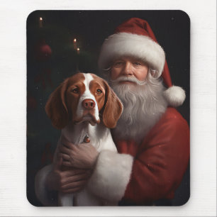 Brittany Spaniel With Santa Claus Christmas Mouse Pad