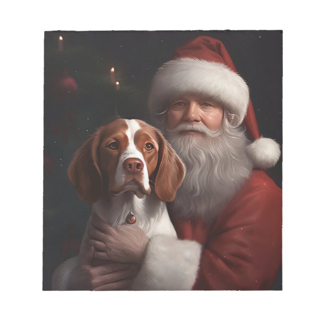 Brittany Spaniel With Santa Claus Christmas Notepad (Front)