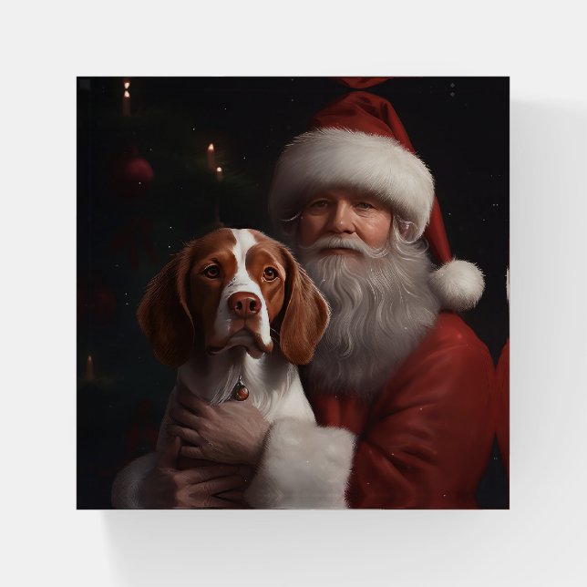 Brittany Spaniel With Santa Claus Christmas Paperweight (Front)