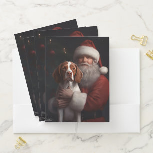 Brittany Spaniel With Santa Claus Christmas Pocket Folder