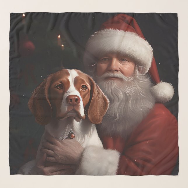 Brittany Spaniel With Santa Claus Christmas Scarf (Front)