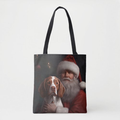 Brittany Spaniel With Santa Claus Christmas Tote Bag