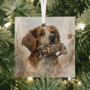 Brittany Spaniel & Woodcock Hunt Glass Ornament
