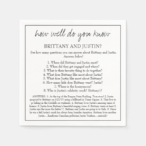 Brittany What Do You Know Fun Wedding Reception Napkins