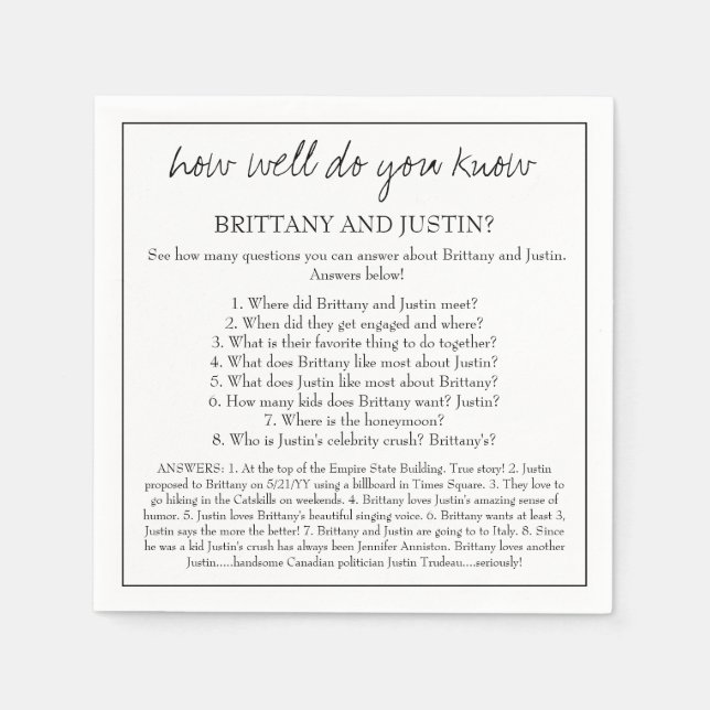Brittany What Do You Know Fun Wedding Reception Napkins (Front)