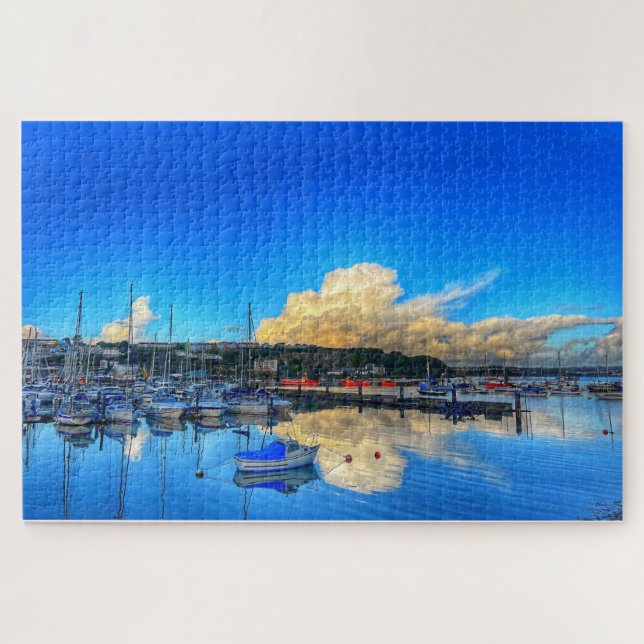 Brixham Reflections: Golden Clouds & Marina View Jigsaw Puzzle (Horizontal)