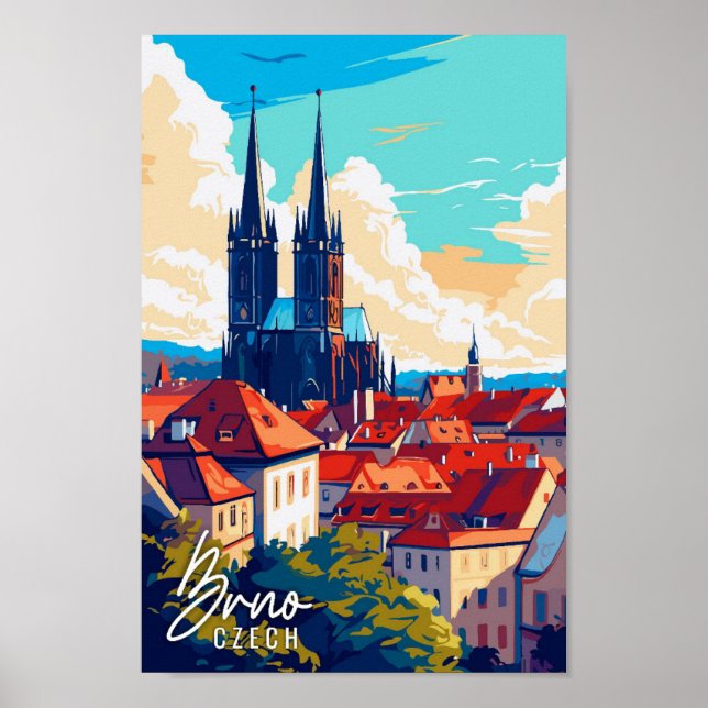 Brno Czech vintage travel illustration Poster (Front)