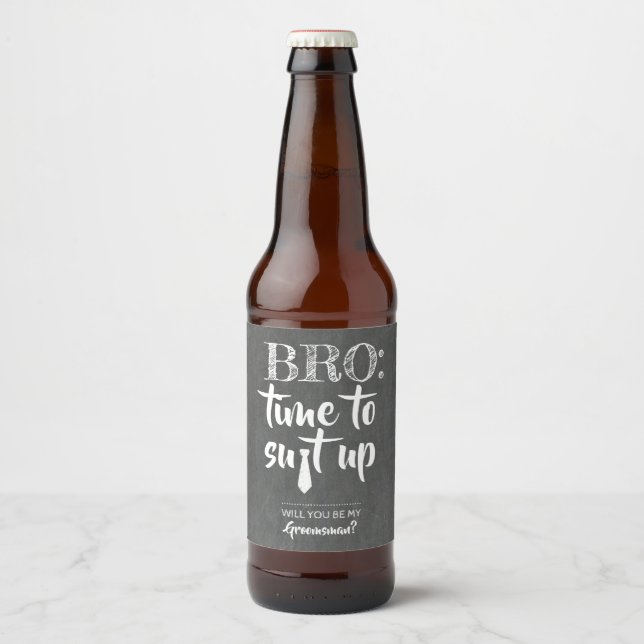 Bro Time To Suit Up - Funny Groomsman Proposal Beer Bottle Label (Front)