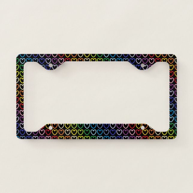 Broader Spectrum Rainbow Outlined Hearts Black License Plate Frame (Front)