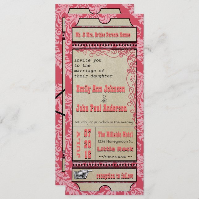 Broadway Playbill Ticket Wedding Raspberry Pink Invitation (Front/Back)