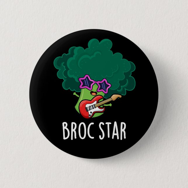 Broc Star Funny Brocolli Rock Star Pun Dark BG Button (Front)