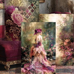 Brocade Garden Magenta Rose Damask Ballgown Set Wrapping Paper Sheets