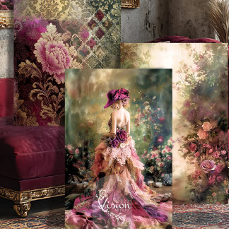 Brocade Garden Magenta Rose Damask Ballgown Set Wrapping Paper Sheets