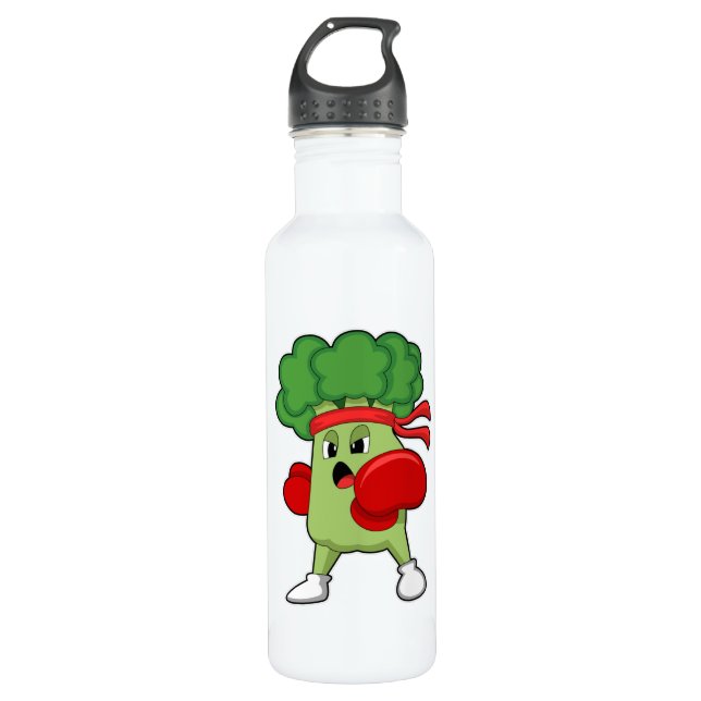 Broccoli at Boxing with Boxing gloves Stainless Steel Water Bottle (Front)