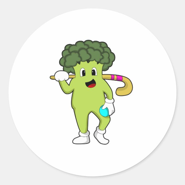 Broccoli at Hockey with Hockey bat Classic Round Sticker (Front)
