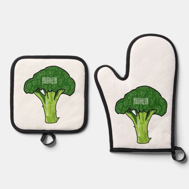 Broccoli cartoon illustration oven mitt & pot holder set (Front)