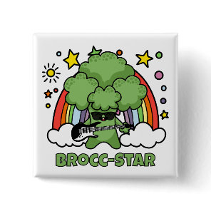 Broccoli Playing Guitar, Brocc Star and Rainbows Button