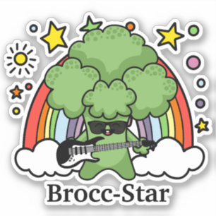 Broccoli Playing Guitar, Brocc Star and Rainbows Sticker