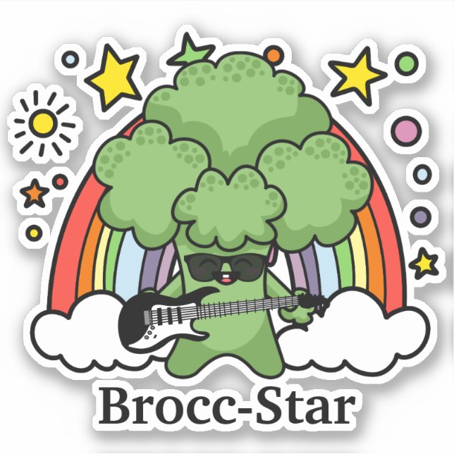 Broccoli Playing Guitar, Brocc Star and Rainbows Sticker (Front)