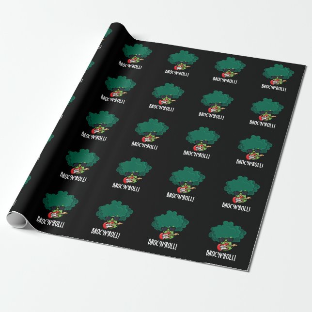 Brock n Roll Funny Veggie Broccoli Pun Dark BG Wrapping Paper (Unrolled)