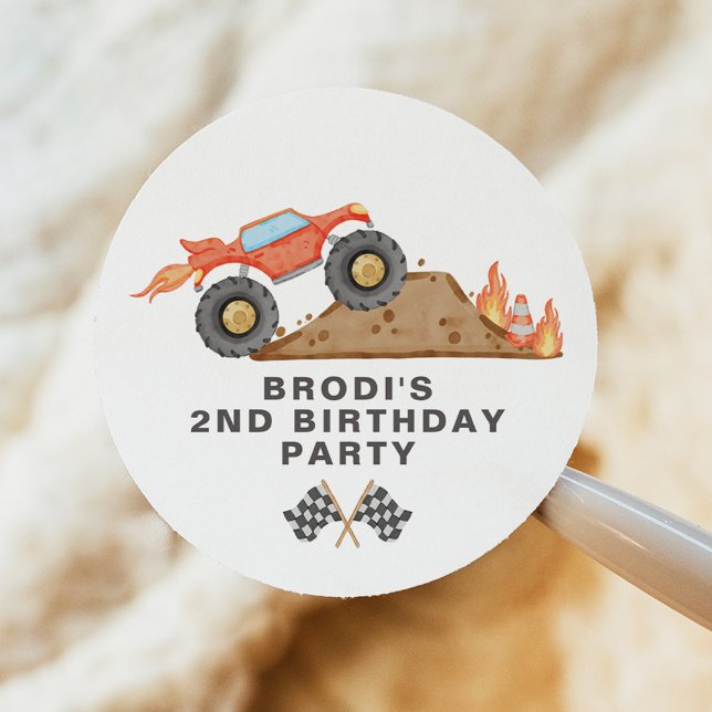 BRODI Red Monster Truck Boy Birthday Classic Round Sticker (Creator Uploaded)